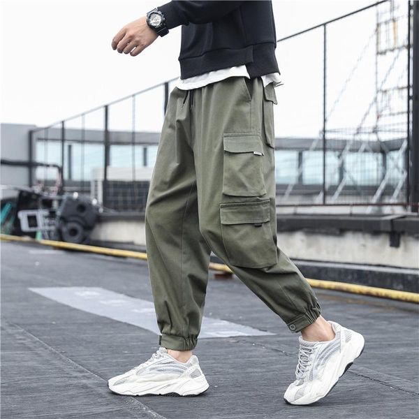 

male camo jogger cotton trousers many pocket zip military style camouflage men's cargo pants men harem multi-pocket ma, Black