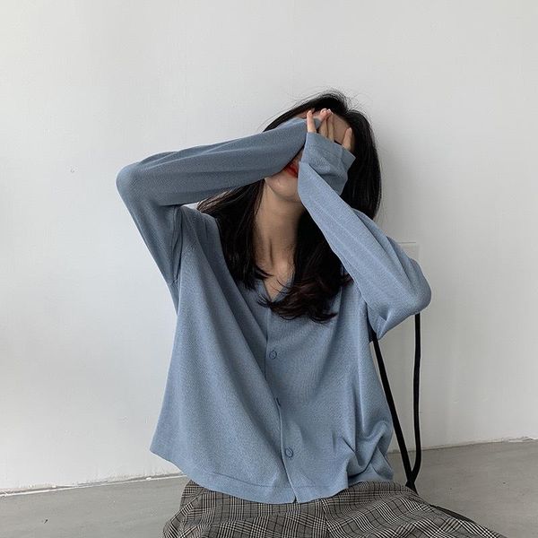 

women's knits & tees 2021 summer blue knitted cardigan coat loose fitting ice silk v-neck short sunscreen sweater 2-24, White