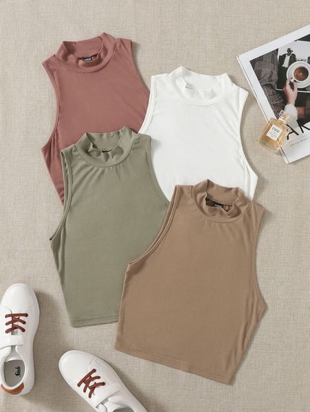 

4pcs solid mock neck tank 64ui#, White