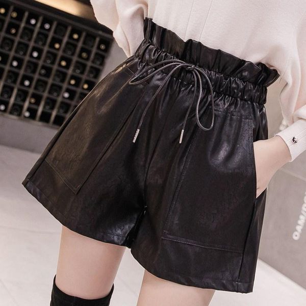 

women's shorts 2021 autumn korean style female leather high waist loose wide leg short femme elastic belt, White;black