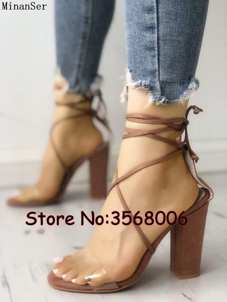 

clear transparent suede open toe ankle wrap sandals tie up chunky heels gladiator women high zapatos de mujer, Black