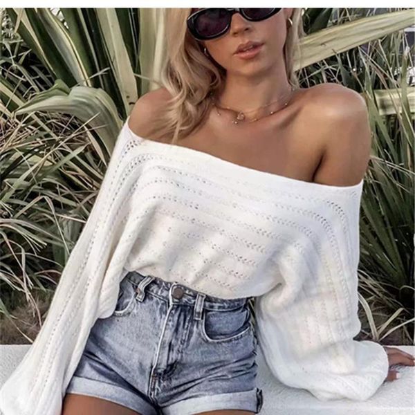

women's sweaters elegant slash neck knitted women pullover sweater 2021 autumn long sleeve loose pull femme jumper casual sueter femin, White;black