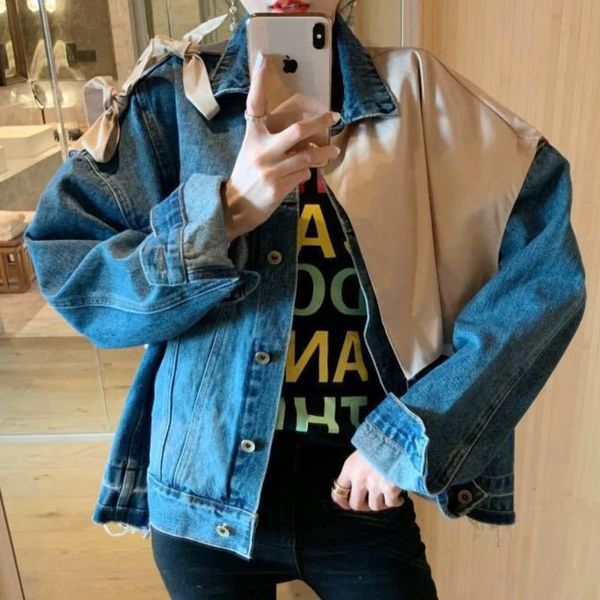 

women's jackets [ewq]2021 autumn ladies plus size denim coat korean version fake two-piece splicing lapel long-sleeved jean jacket tren, Black;brown
