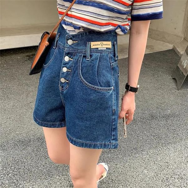 

women's jeans fashion high waist denim shorts women buttons pants female wide legs quality streetwear oversize summer, Blue
