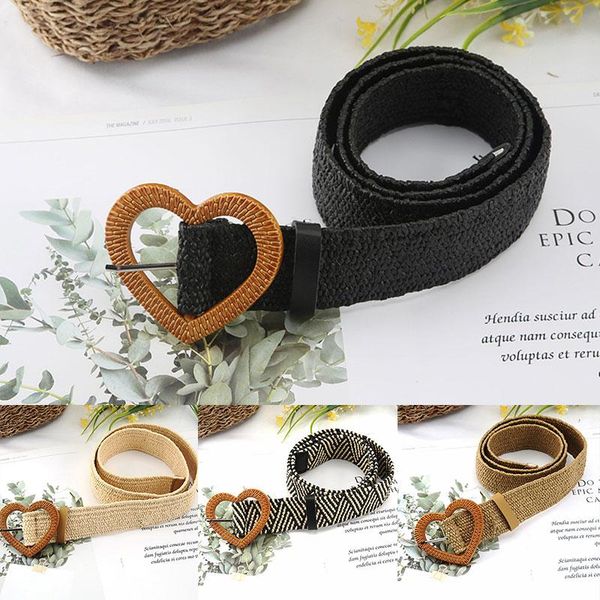 

belts women braided elastic belt with heart knitted buckle dress summer vintage bohe straw, Black;brown