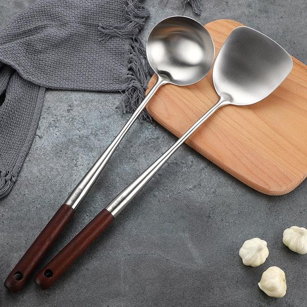 

spoons 304 stainless steel shovel dedicated for chefs cooking spoon household thick spatula set wooden handle soup and strainer