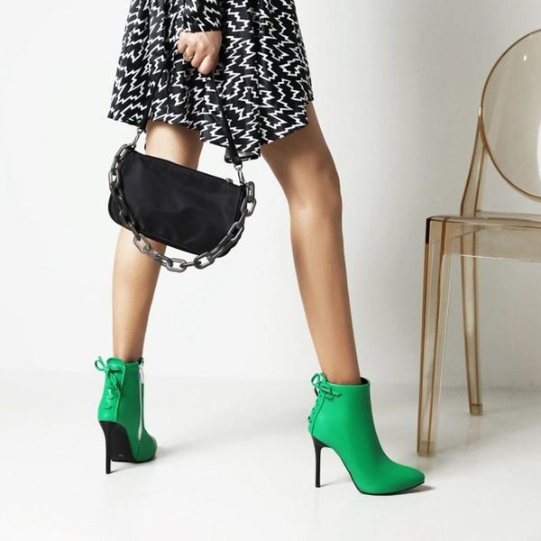 

boots sweet back bow short booties women 2021 fall autumn winter stiletto heels white green yellow pink ankle shoes woman 48, Black