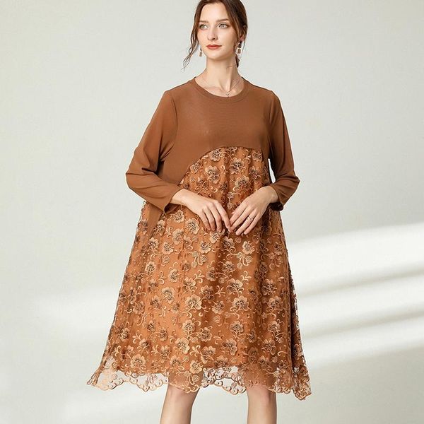 

lace hollow out dress lady long sleeve patchwork black plus size autumn floral dresses woman oversized party elegant loose casual, Black;gray