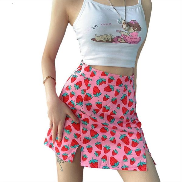 

summer strawberry print mini womens skirts fashion casual sweet pink high waist clubwear a line short, Black