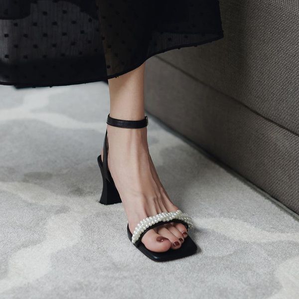 

sandals rhinestone med 2021 women's suit female beige block heels square toe summer shoes buckle strap medium pearl fashion, Black