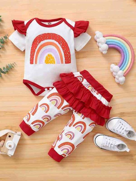 

baby rainbow print ruffle trim bodysuit & sweatpants she, Blue