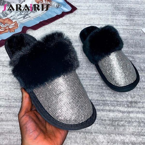 

fashion ladies winter warm fur slippers thick plush crystal women indoor comfort casual shoes woman, Black