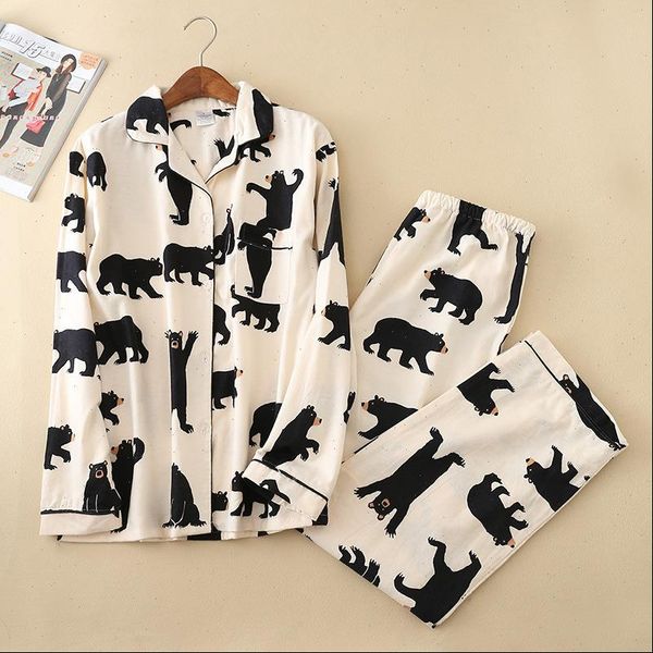 

cotton cartoon bear womens sleepwears print pajamas set man spting full sleeve homewear cute lounge pijamas nightwear, Black;red
