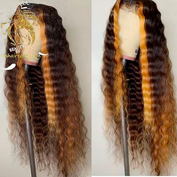 

inch highlight human hair wig 13x4lace front honey blonde ombre deep wave soft remy for black women lace wigs, Black;brown