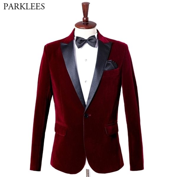 Вино красный вельверов одна кнопка смокинга Blazer куртка мужчины тонкий подходящий отворот вечеринка свадебный банкетный платье пиджак мужской костюм Homme 21120