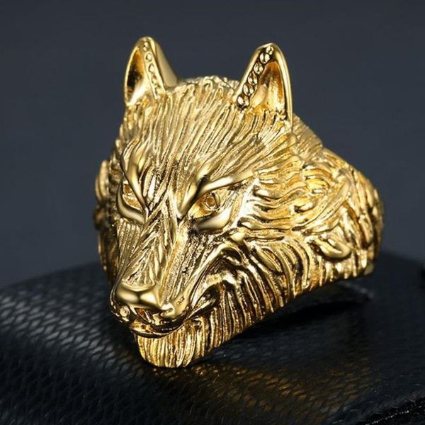 

cluster rings titanium steel gold wolfhead ring for men, Golden;silver