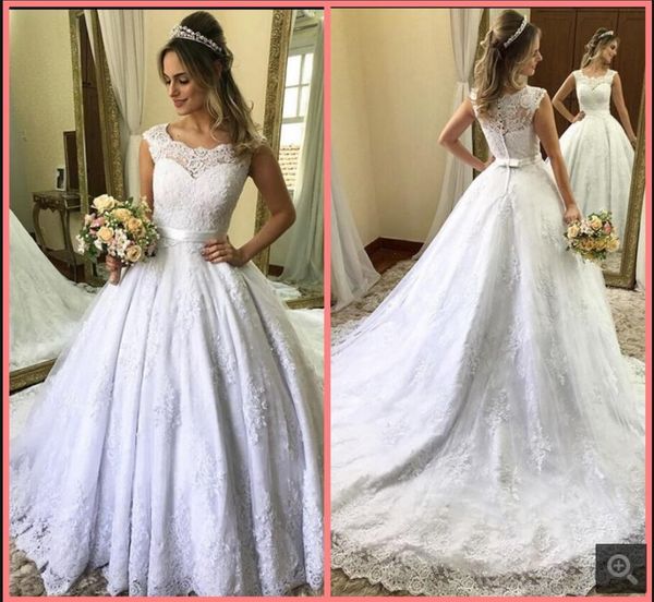 

vestido de novia 2021 elegant lace appliques wedding dress beaded court train cap sleeve crew neckline modest bridal gowns princess puffy fa, White