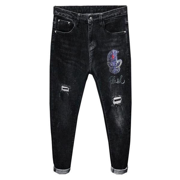 

rhinestone aliens men's stretch ripped jeans slim fit black holes denim pants male elastic hip hop skinny trousers, Blue