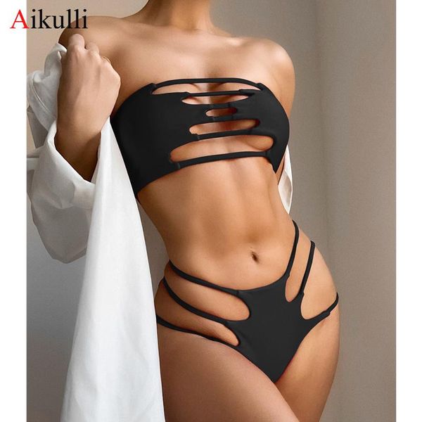 

women's swimwear bandeau bikinis swimsuit women hollow out 2-pieces bikini set 2021 summer solid female strapless bathing suit, White;black