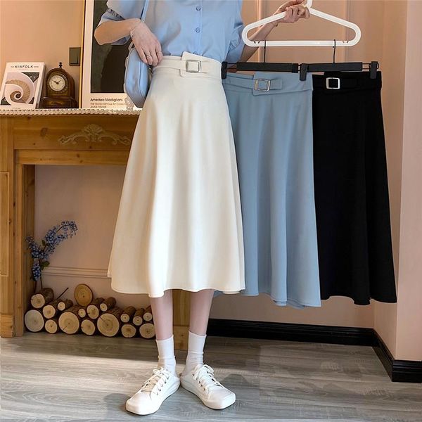 

skirts korobov korean office lady women vintage solid eleagnt sashes slim faldas mujer 2021 summer high waist a-line skirt, Black