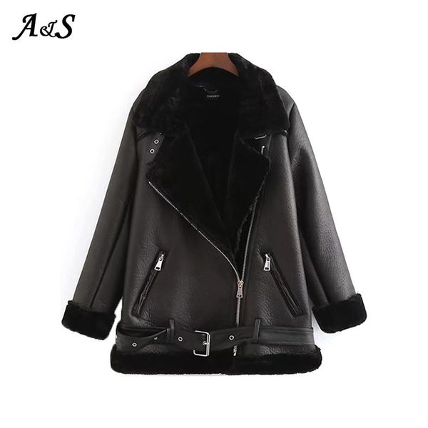 

anbenser fake faux leather jackets womens winter thick warm coats with lamb wool autumn zipper casual for female plus size women's &, Black