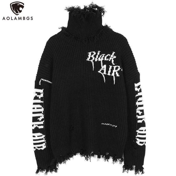 Aolamegs Uomo Lettera lavorata a maglia nappa maglione dolcevita nero per l'inverno caldo oversize accogliente hip hop high street punk cool pullover 211014