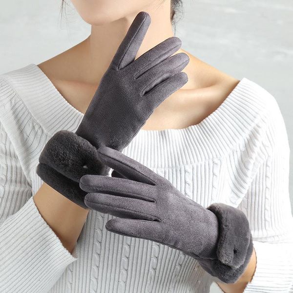 

sports gloves myalice touch screen solid color thickened winter women's wool driving mittens full finger hand warm suede leather glove, Black