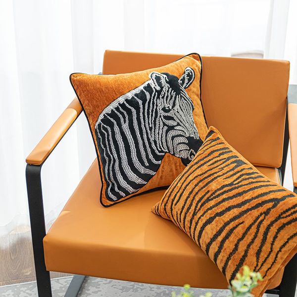 

cushion/decorative pillow light luxury embroidery cushion cover yellow chenille fabric zebra pattern animal pillowcase soft comfortable sofa