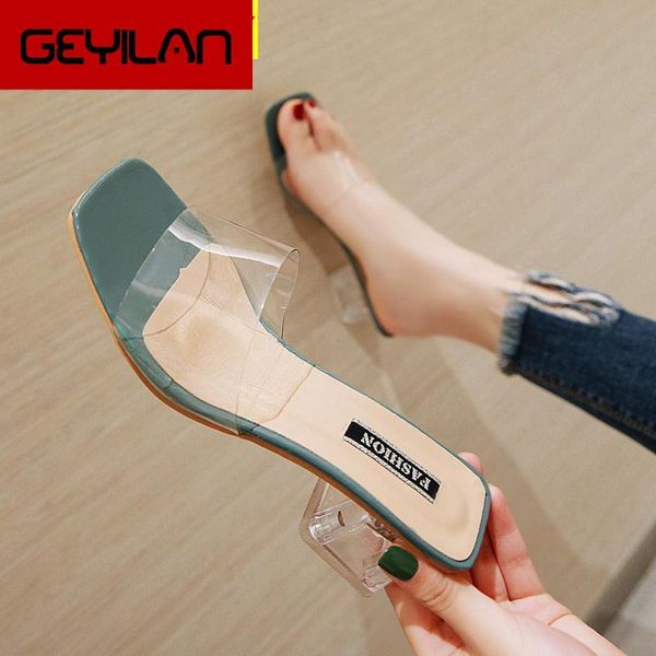 

clear summer sandals women shoes mules slides peep toe transparent square high heels female shoe casual heel, Black