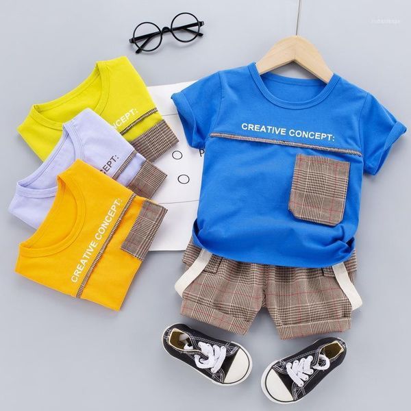 

toddler boys summer fashion clothes sets kids girls pocket t-shirt +plaid shorts baby casual outfits clothing1, White