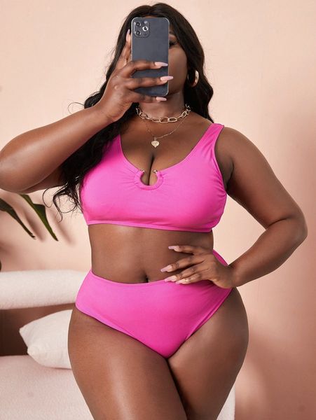 

sxy plus rib ring linked high waisted bikini swimsuit b23q#, Black