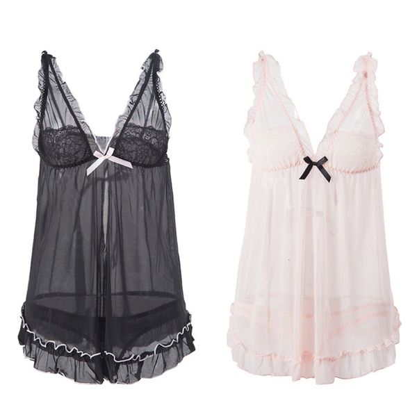 

transparent mh pajamas tulle back lace up underwear suit nightdrs, Red;black