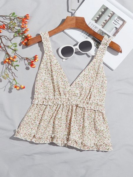 

shirred back frill trim ditsy floral b0uh#, White