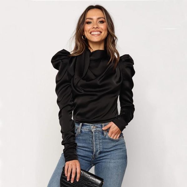 

fashion satin bow neck women blouses long sleeve elegant office blusas s xl, White