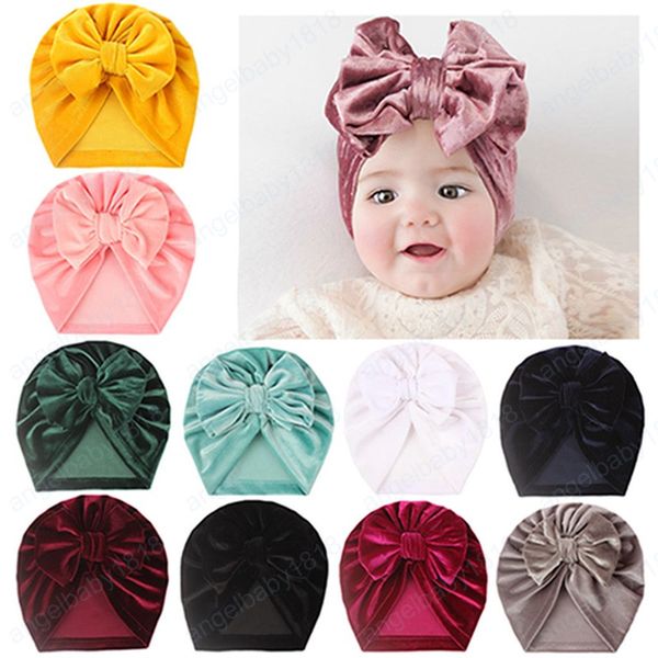 18*19 CM Kleinkind Bequeme Weiche Gold Samt Hüte Einfarbig Handgemachte Bowknot Infant Caps Kinder Haar Zubehör foto Requisiten