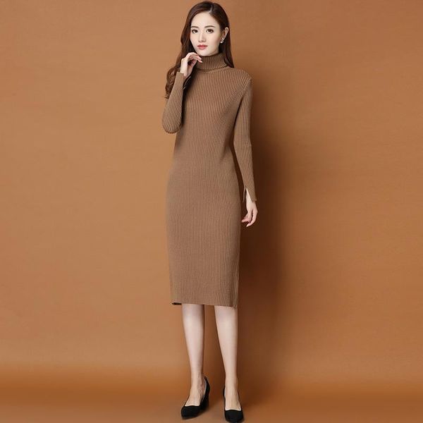 

casual dresses 2021 autumn winter warm turtleneck sweater dress women slim bodycon female long sleeve knitted, Black;gray