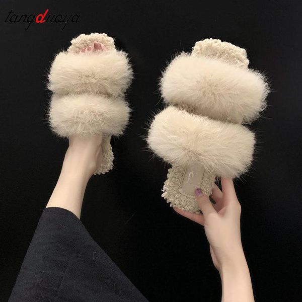 

cozy home women slippers winter warm shoes woman slip on flats slides female faux fur comfortable non, Black