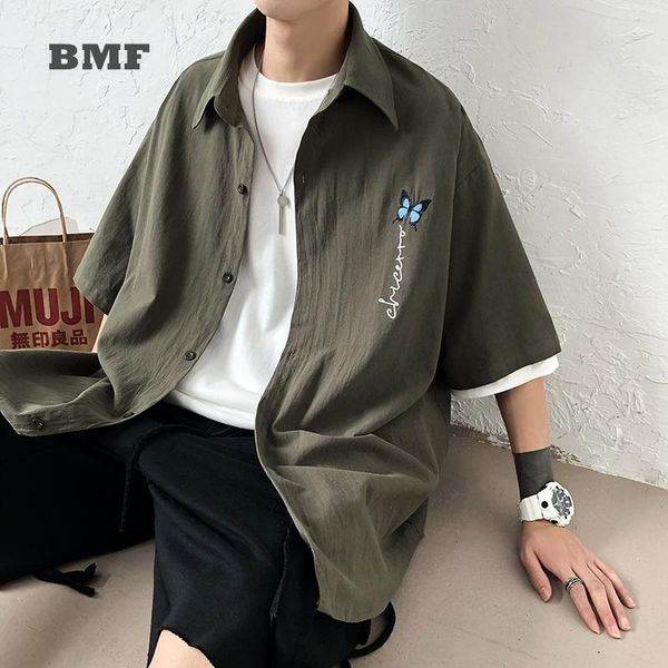

men's casual shirts summer korean loose butterfly embroidery hip hop shirt 2021 kpop ulzzang fashion couple short sleeve harajuku men, White;black
