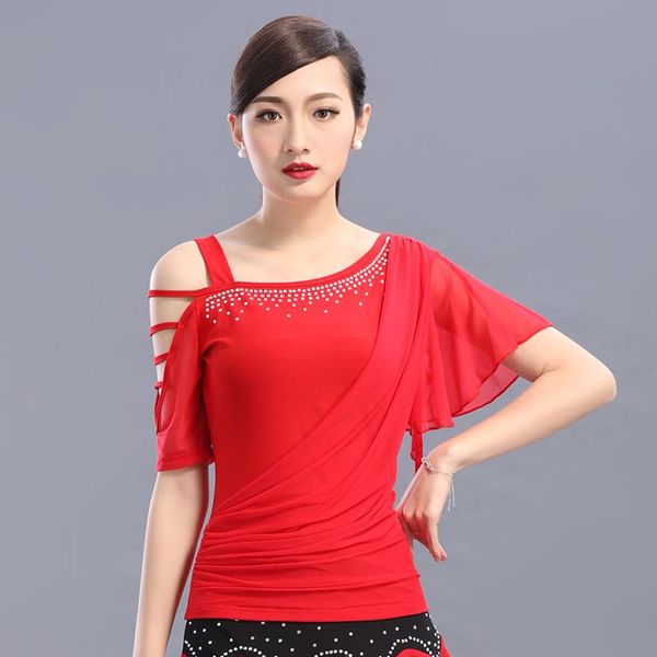 

stage wear latin dance coat female diamond dancing adults moden shirt short sleeve acrobatic clothes b-6532, Black;red
