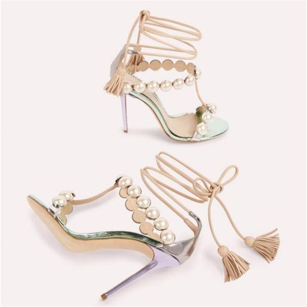 

sandals 2021 elegant pearl beading fringed cross-tied woman gladiator t strap thin heels tassel banquet pumps plus size 34-43, Black