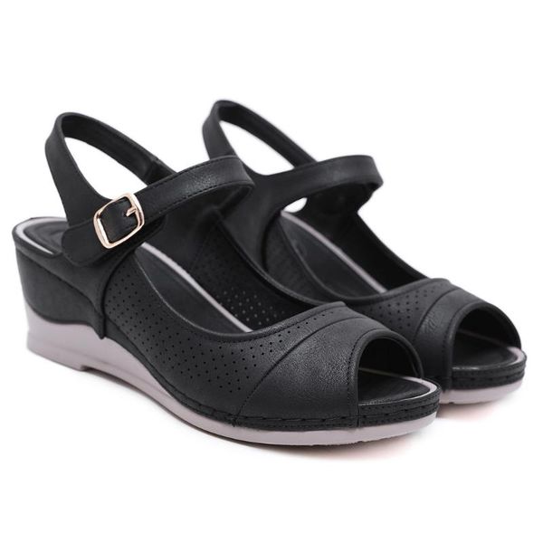 

dress shoes women's sandals fish mouth ladies bohemian solid color toepost platform wedges casual buckle, Black