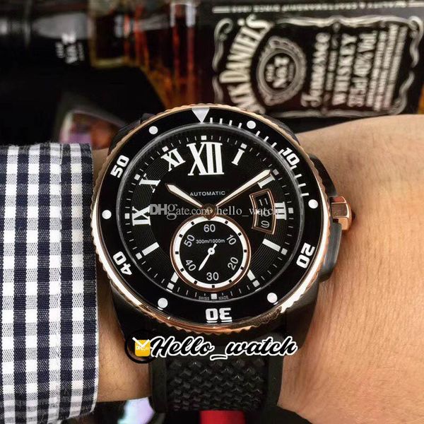 42mm calibre de mergulho w2ca0004 asiáticas relógio automático relógio negro dial grande data romana marca dois tons rosa ouro caso relógios de borracha olá_watch