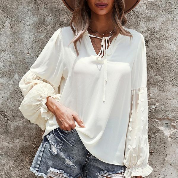 

women's blouses & shirts autumn women v-neck loose chiffon long lantern sleeve 2021 solid color female casual lace up blouse, White