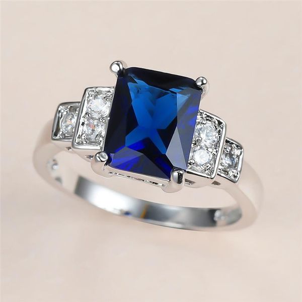 

wedding rings luxury female blue crystal stone ring vintage silver color for women promise bride square zircon engagement, Slivery;golden