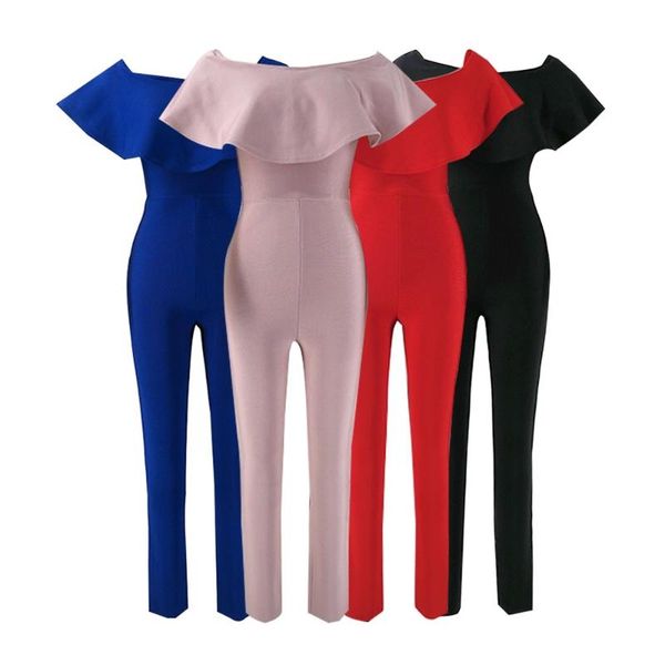 

women's jumpsuits & rompers 2021 skinny ruffles design cloak knitted bandage red black jumpsuit sleeveless bodysuit fashion casual dail, Black;white
