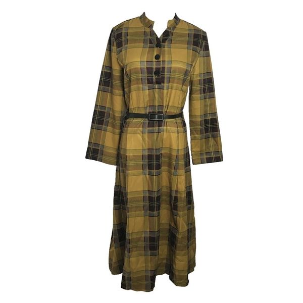 

yellow black plaid long sleeve sash knee length dress elegant spring autumn fall v neck fit and flare d0942 210514, Black;gray