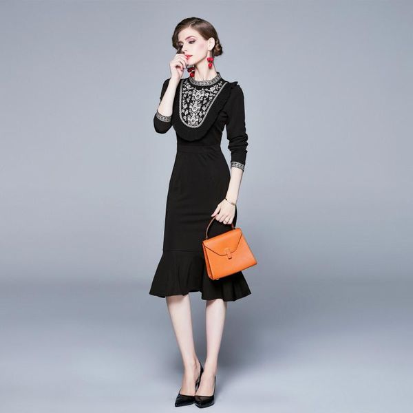 

casual dresses women elegant autumn winter retro embroidery dress long sleeve designers vintage midi black trumpet party robe femme vestidos, Black;gray