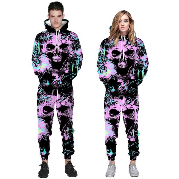 

men's women's digital skull printed sweater, hoodie suit, long sved trousers, autumn and winter, Gray
