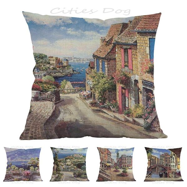 

cushion/decorative pillow painting art of european and american towns on small town streets square case cushion cover bar sofa coves