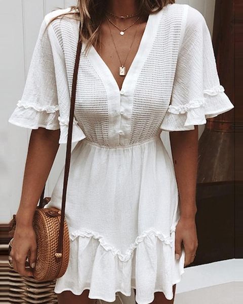 

casual dresses 2021 summer women's clothes v neck ruffle smock dresshigh quality, Black;gray